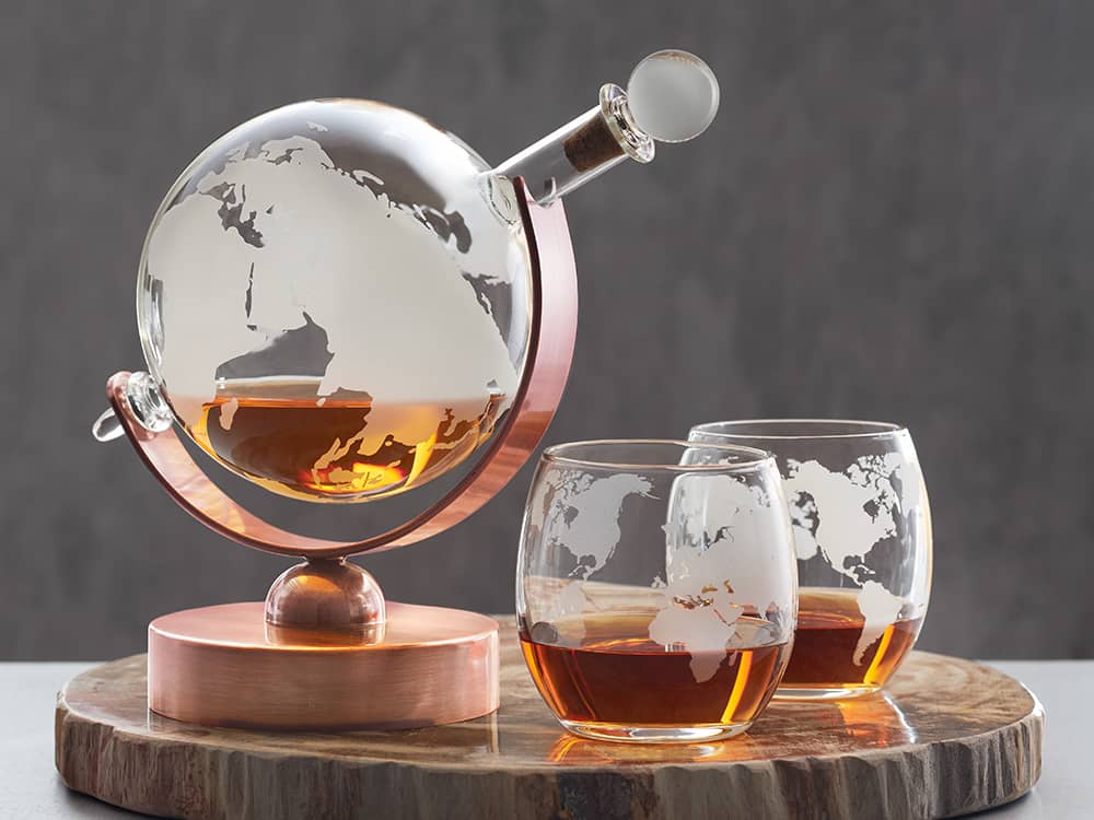 Etched Globe Whisky Decanter and Glasses