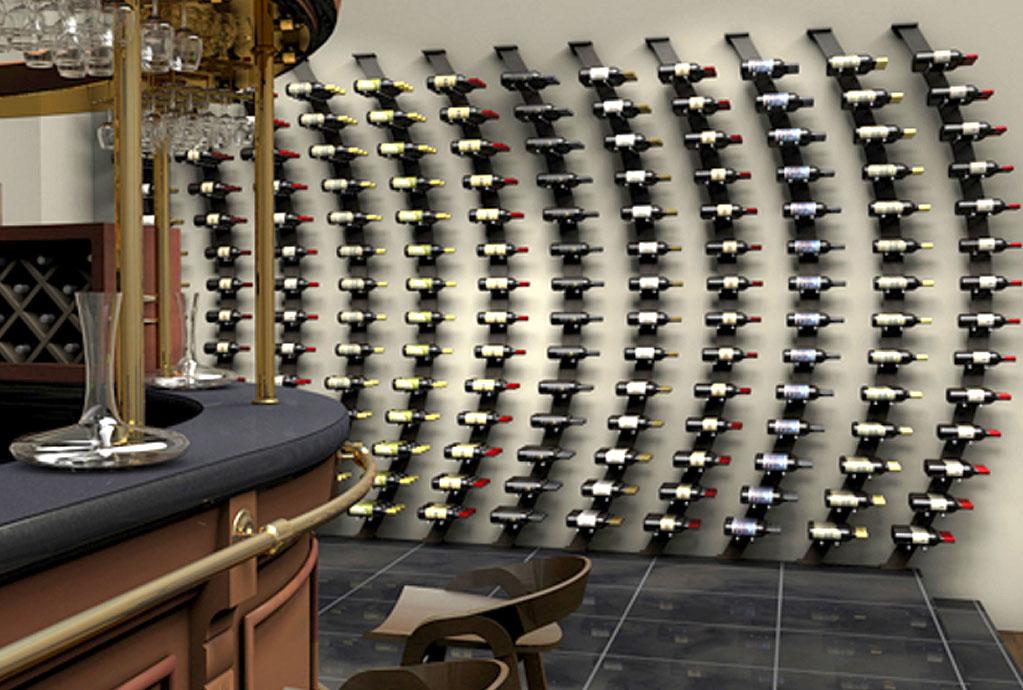 Contemporary wall-mounted wine holding racks behind an elegant bar