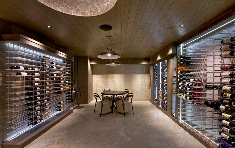 Dramatic glass enclosed wine room