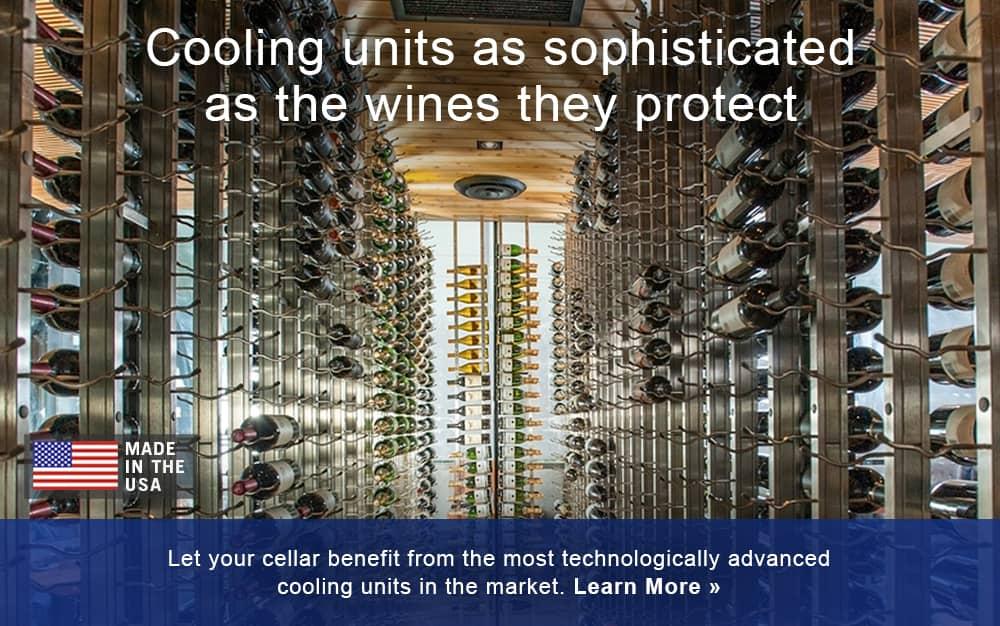 Wine cellar cooling units as sophisticated as the wines they protect, showing a contemporary label-forward metal wine cellar.