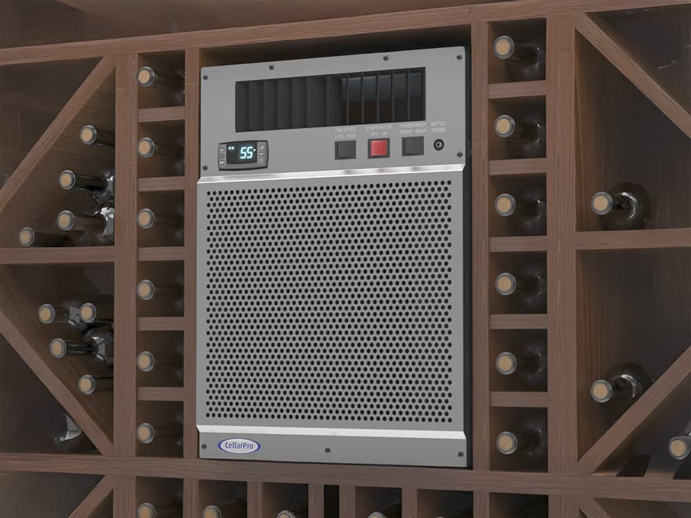 Cooling system installed through the wall of a wine cellar, surrounded by wood wine racks