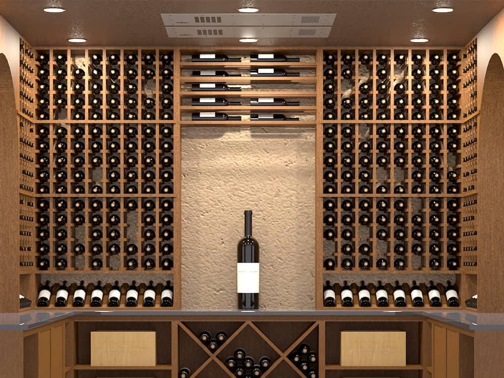 Wine cellar with split ceiling mounted cooling unit