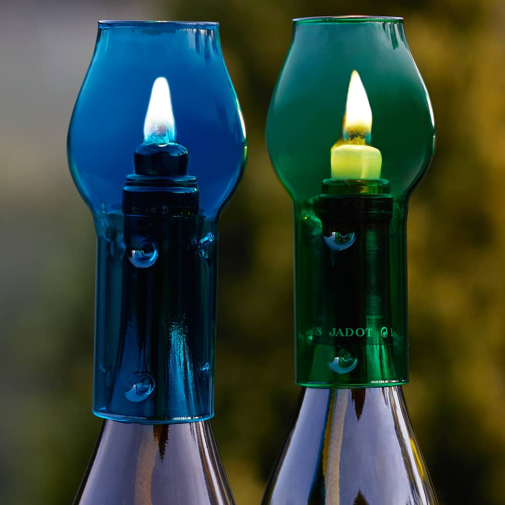 Blue Glass Chimney + Burgundy Ceramic Candle #34319 | IWA Wine