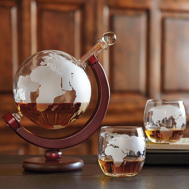 Globe Whisky Decanter + Glasses Set Wood - Thumbnail 2