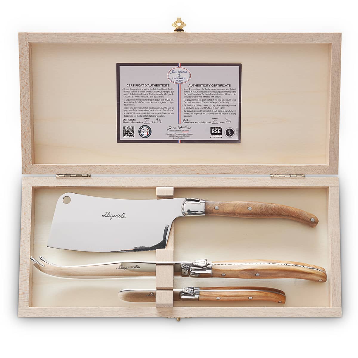 Laguiole cheese service with olive wood handle and stainless steel