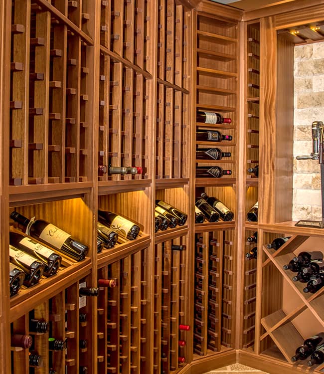 Beautiful Wood Wine Cellar with Display Shelves in Pagosa Springs, Colorado.