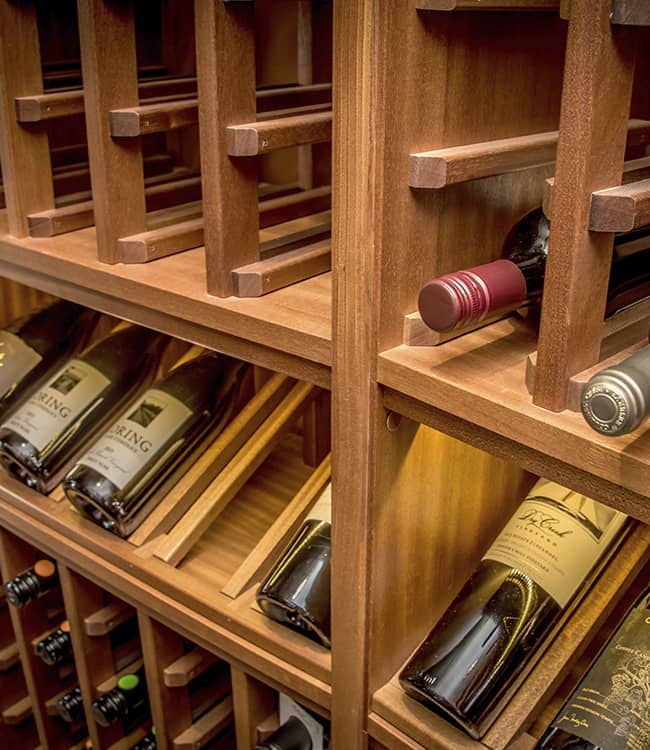 Wood wine racks with presentation bottle row
